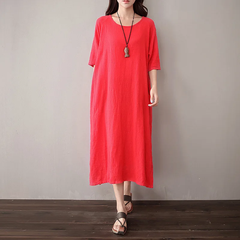 

OriGoods Women Long Dress O-neck Solid Red Purple White Summer Dress Cotton and Linen Vintage Dress for Women Vestidos Robe C051