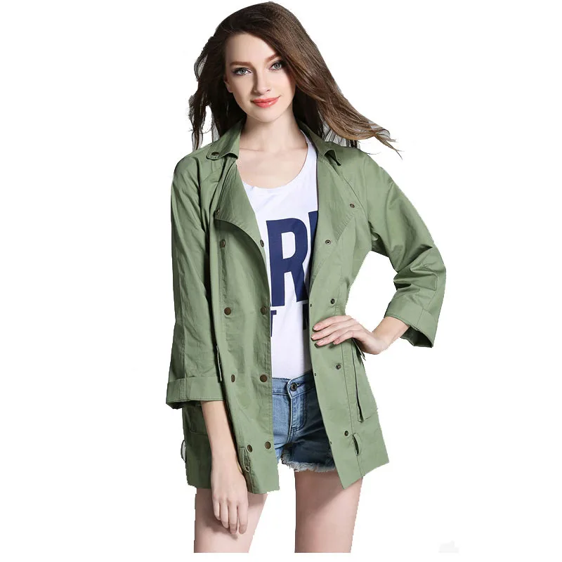 2017 Women Army Green Coat Double Breasted Three Quarter Sleeve Coat Turn down Collar Casual