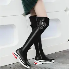 NAYIDUYUN Thigh High Boots Women Black White Over The Knee High Riding Booties Med Heel Tall Shaft Punk Sneaker Shoes Oxfords nayiduyun thigh high boots women black leather over the knee booties med heel tall shaft punk sneakers chic riding greepers
