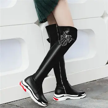 

NAYIDUYUN Thigh High Boots Women Black White Over The Knee High Riding Booties Med Heel Tall Shaft Punk Sneaker Shoes Oxfords