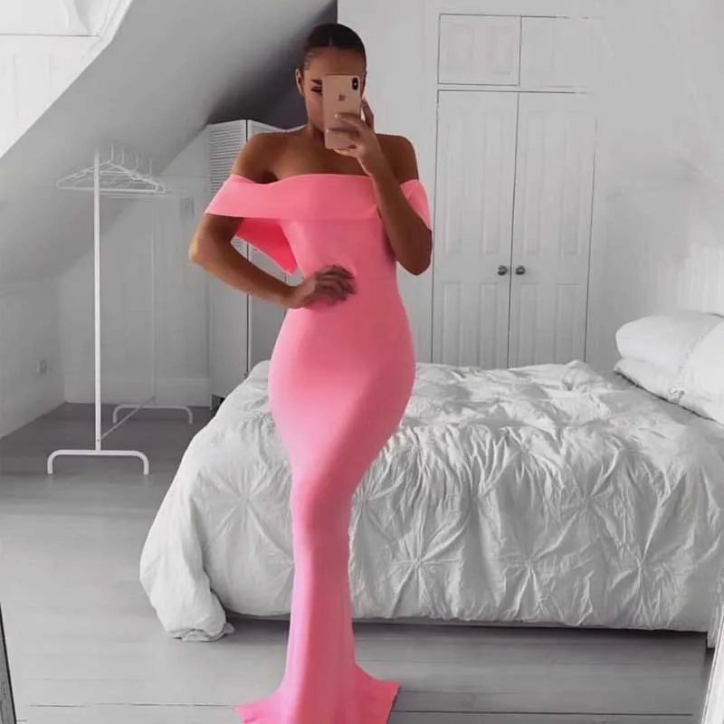 

Wholesale 2019 Newest Women dress Pink mint Slash neck Elastic tight Fashion sexy celebrity cocktail party Bandage long dress
