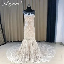 2018 New Backless Mermaid Wedding Dress Ivory Lace and Nude lining Bridal Gown Ilussion Wedding Gown Robe de Mariee LY1101