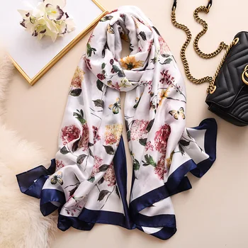 

Pastoral Style Silk Scarf Women Beauty Butterfly Pattern Shawls and Wraps Elegant Floral Print Pashmina Large Long Neck Scarves