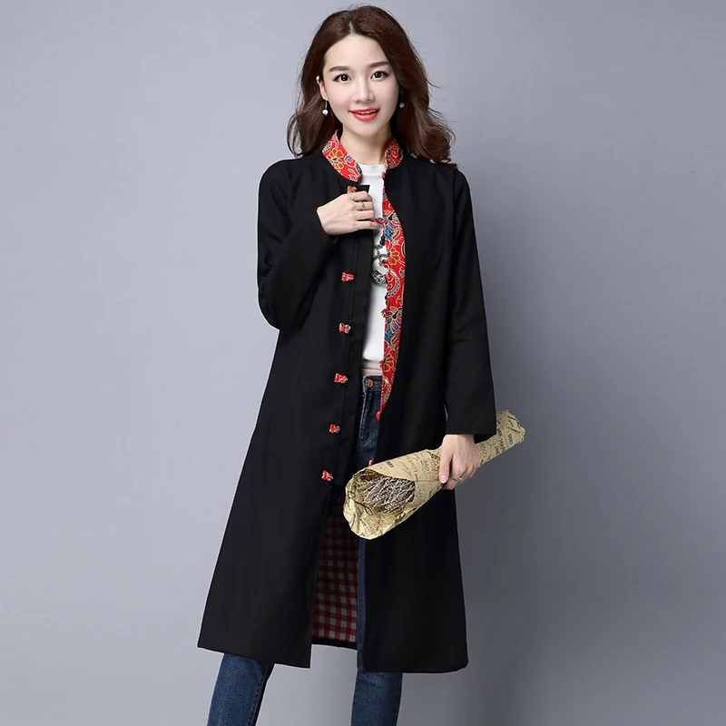 Trench coat women Autumn Ethnic Patchwork Print Trench Outerwear female casual Loose Chinese style Clothing WJ645