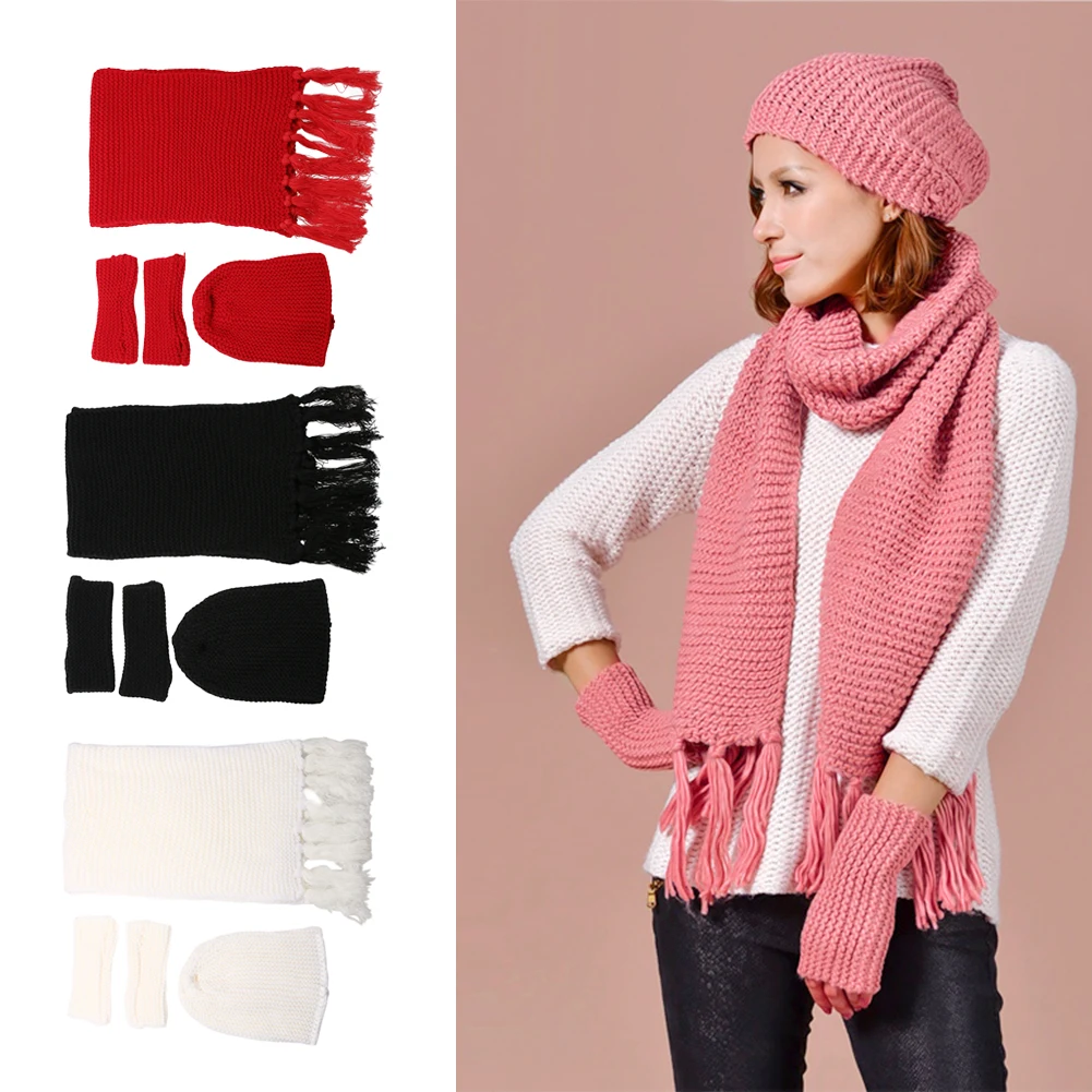 Thick Acrylic Winter Women Knit Hat Scarf Gloves Set Outdoor Beanie