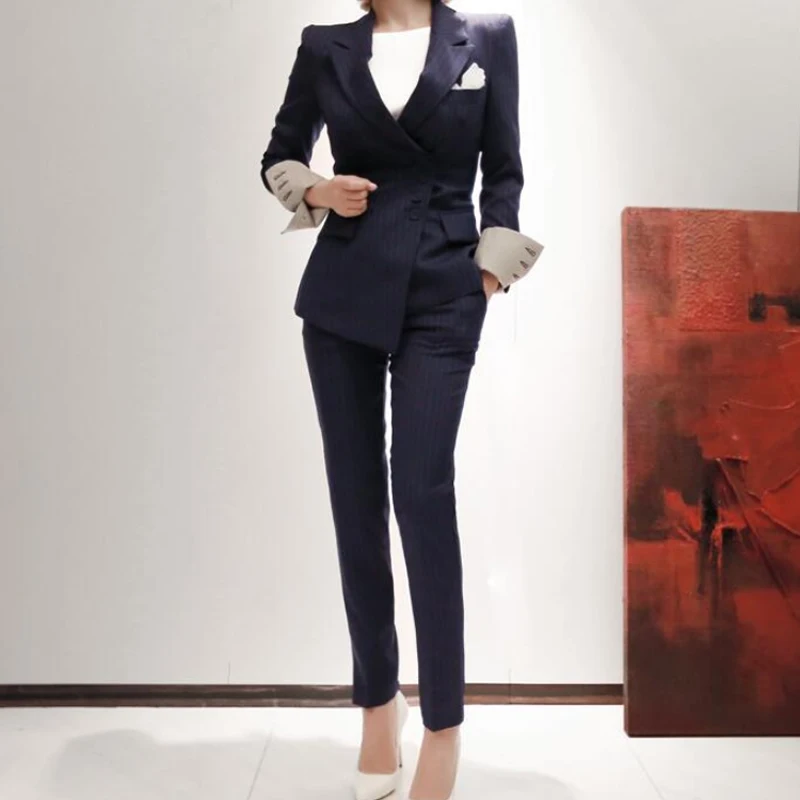 

2019 Office Work Suits Striped Slim OL Blazer Coat Long Pencil Pant Suits Women Autumn Casual Two Pieces Clothing Sets Navy