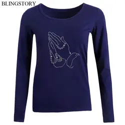 BLINGSTORY новый дизайн весна осень бриллиантовый принт с длинным рукавом с круглым вырезом большой размер Женская футболка LP5259030