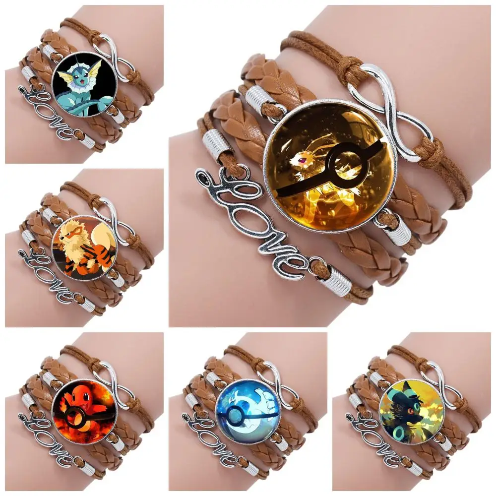

For Schoolgirl Maxi Pokemon Go Pokemon Ball Monster Anime Multilayer Black/Brown Leather Bracelet Bangle Cartoon Jewelry