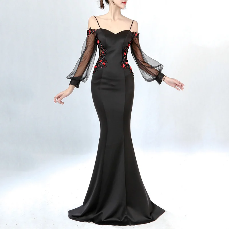 

Black Slash Neck Spaghetti Strap Off the Shoulder Mesh Lantern Sleeve Women Hot Sexy Night Club Party Dresses Long Mermaid Dress