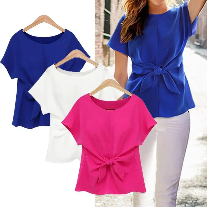 

Women Bowknot Blouse O-Neck Short Sleeve Chiffon Casual Loose Lady Tees Ladies Female Bow Solid Color Tops