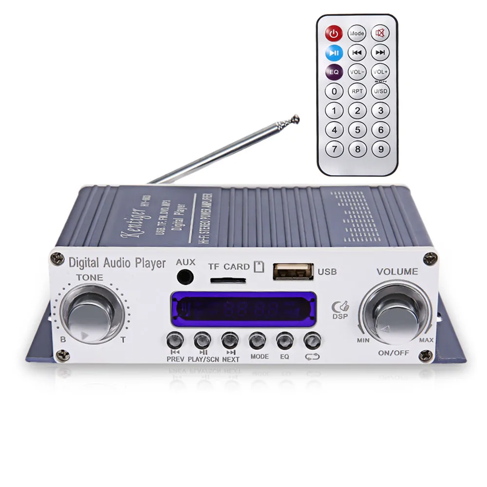 

Kentiger HY - 603 Mini Portable Wireless HiFi Stereo Power Digital Amplifier with FM IR Control FM MP3 USB Playback for DC 12V
