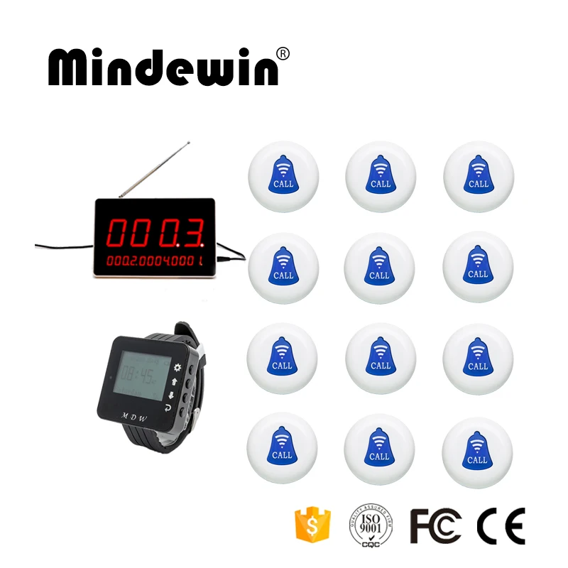 Беспроводной передатчик Mindewin 433 МГц, 12 шт. кнопка вызова официанта+ 1 шт. светодиодный дисплей+ 1 шт. наручные часы, служба вызова официанта, пейджер - Цвет: White blue