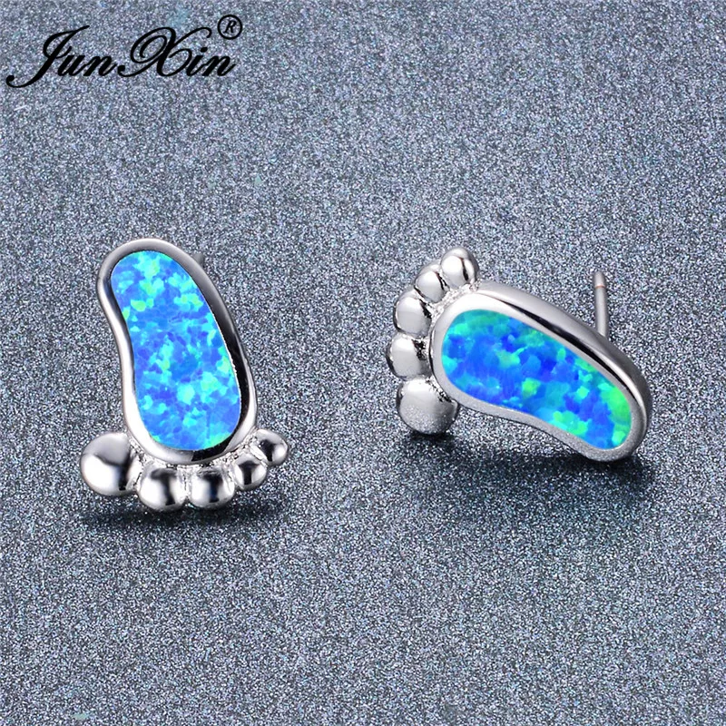 

JUNXIN 925 Sterling Silver Cute Feet Stud Earrings For Women Girls Blue White Fire Opal Earrings Wedding Jewelry Accessories