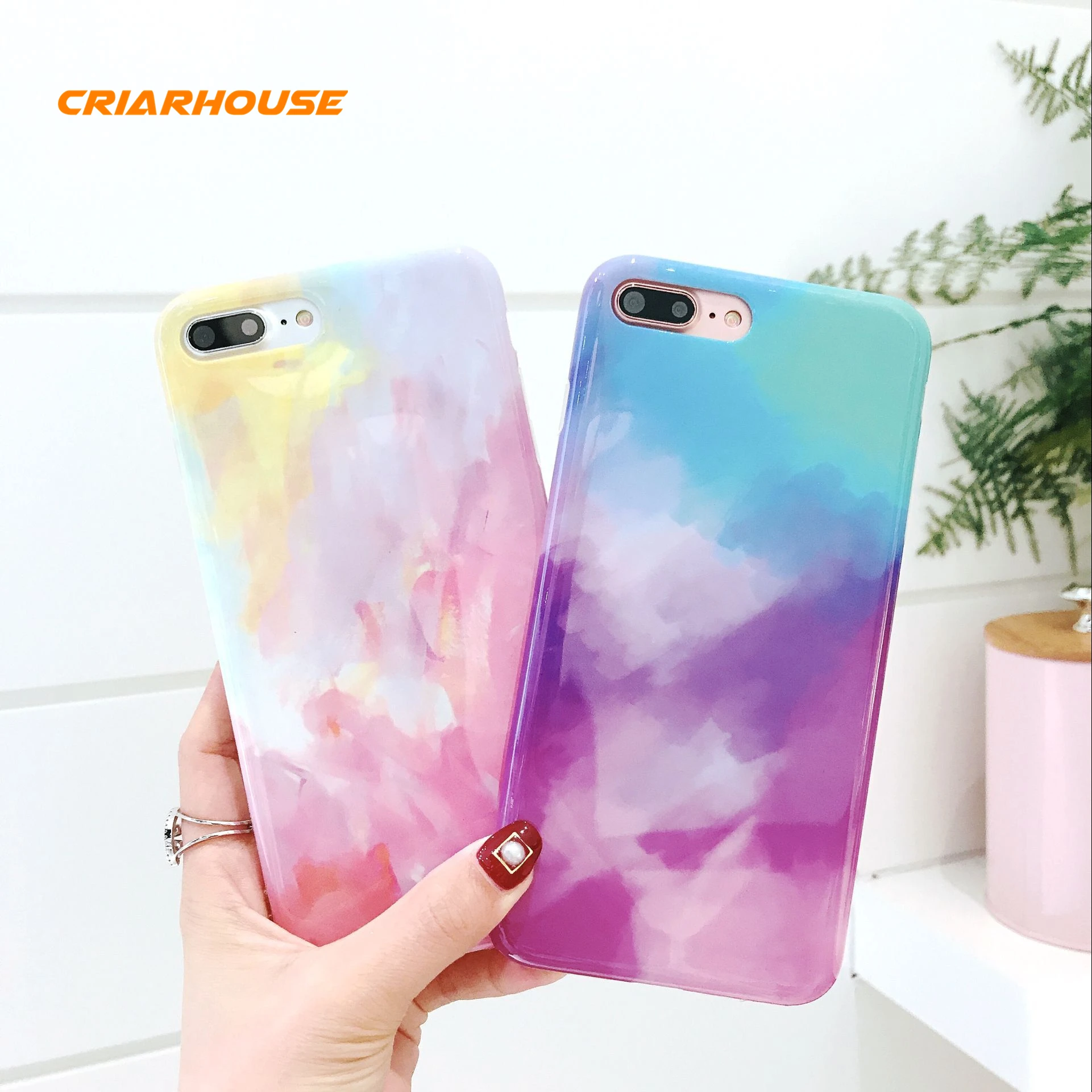 CRIAR HOUSE Cases For Apple iPhone X 6 6s 7 8 Plus 10 Watercolor Marble Rainbow Printing Soft Silicone TPU Back Case Cover |