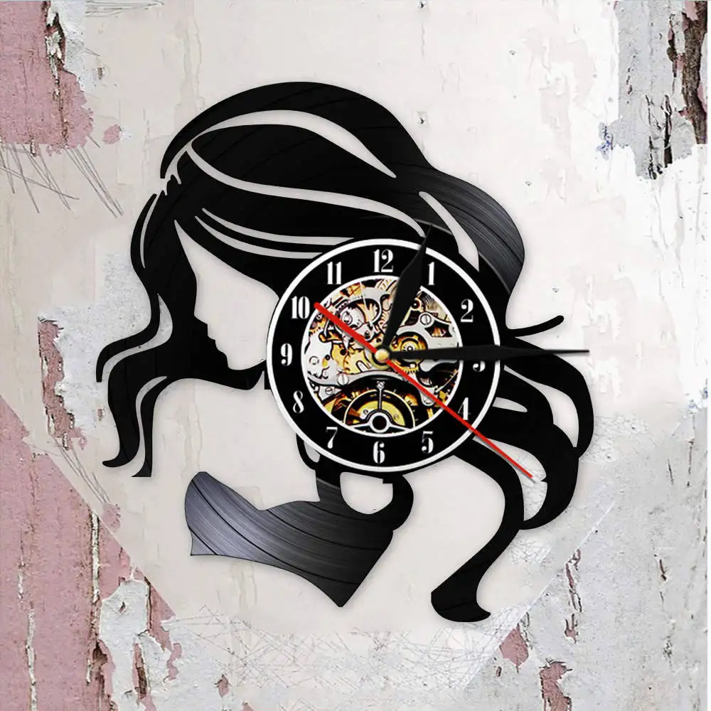 Сексуальные женские с длинными волосами современные виниловые настенные часы для записей салон красоты бизнес-знак женщина Парикмахерская настенные часы