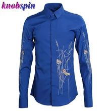 Платье с вышивкой цветы и птица Асимметричная модная мужская рубашка длинный рукав Slim fit футболки в повседневном стиле хлопок бизнес мужской платье рубашки