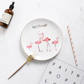 

Nordic style gold border ceramic plate Western dish decoration disc home dessert plate lovely pink flamingo