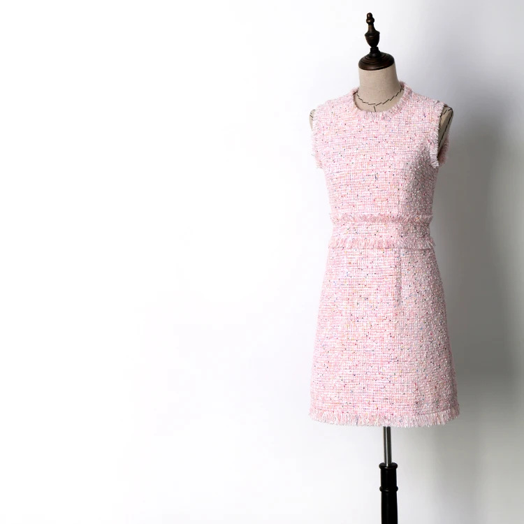 Women fashion sweet sequined pink tweed dress sleeveless a line tassel