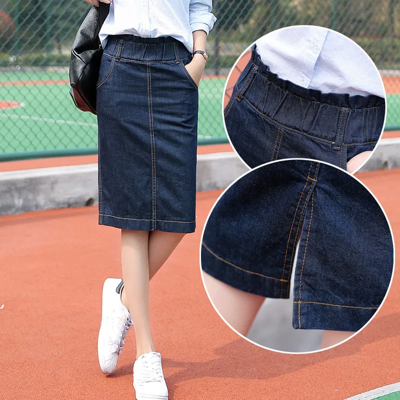 

2019 Spring Elastic High Waist Women's Denim Skirts Midi Saias Female Elegant Ruffle Plus Size Pencil Skirt Jeans Summer Falda