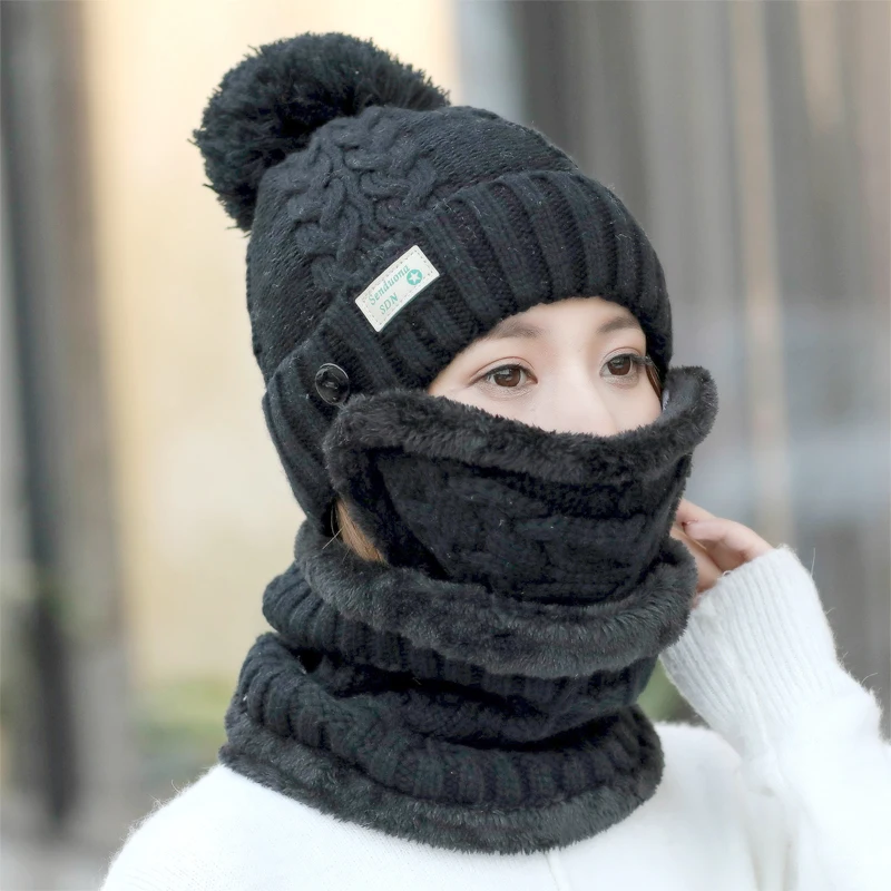 Chapeau chaud d'hiver pour femme, cache-nez, écharpe, bonnet tricoté en  laine, rembourré en velours, coupe-vent, Protection des oreilles,  collection B-8837