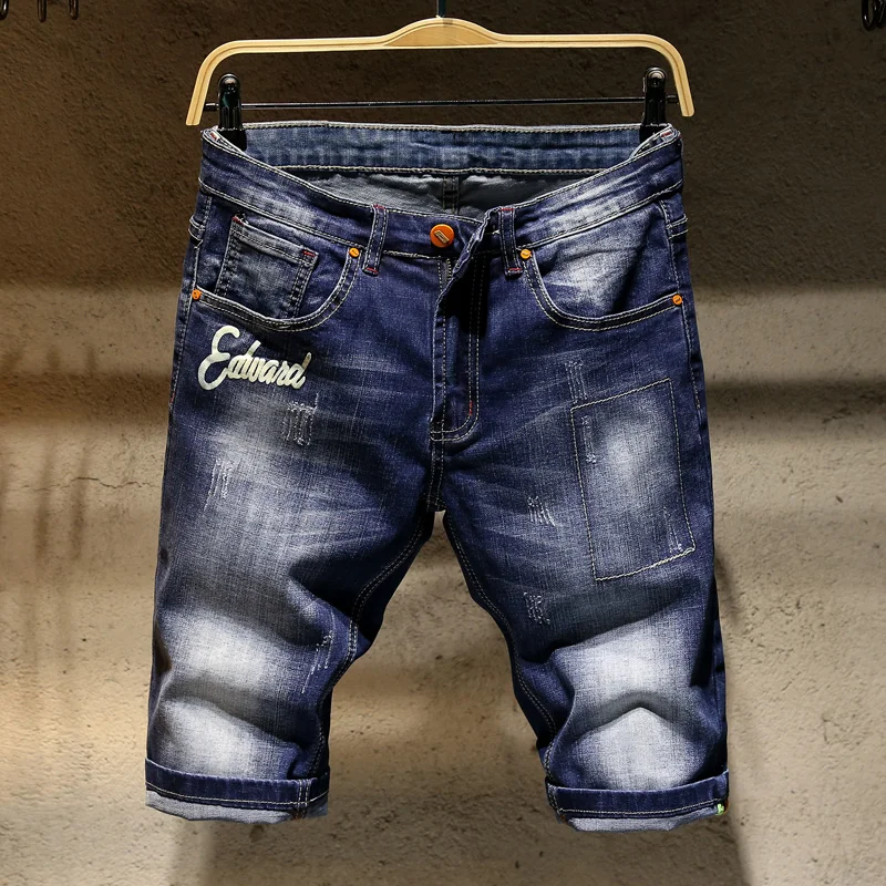 Для мужчин хлопок джинсовые Короткие джинсы Хорошее качество мужской синий эластичный Рубашки домашние Для мужчин по колено прямые