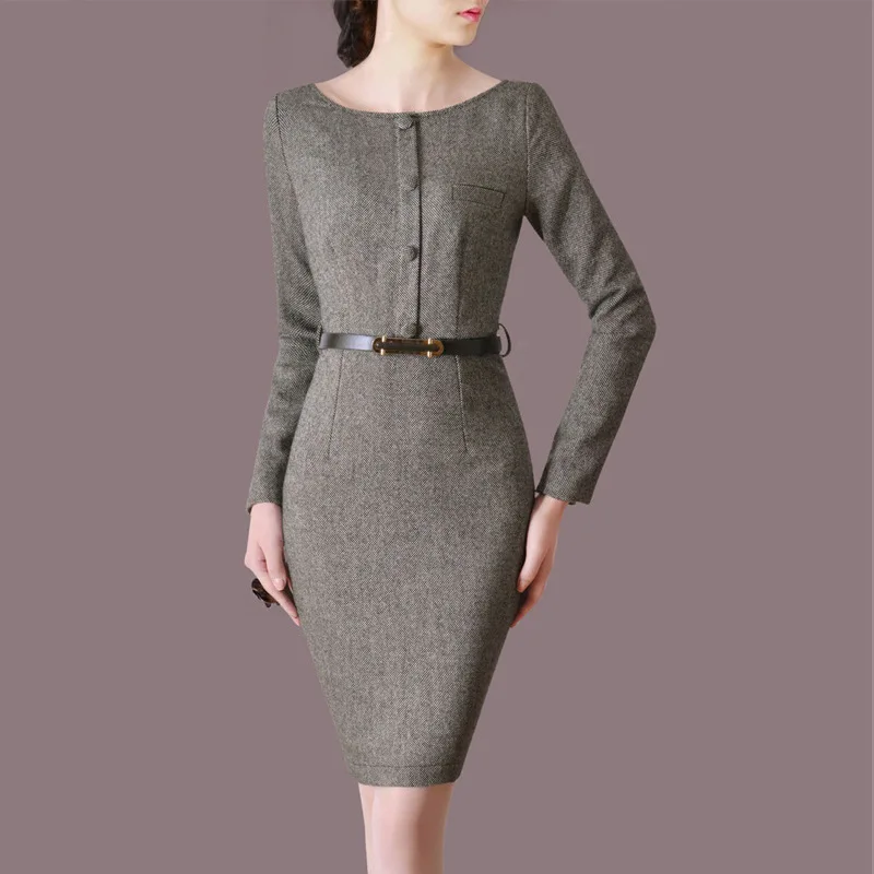 

Spring and Autumn O-neck Long Sleeve OL High Quality Wool Dress