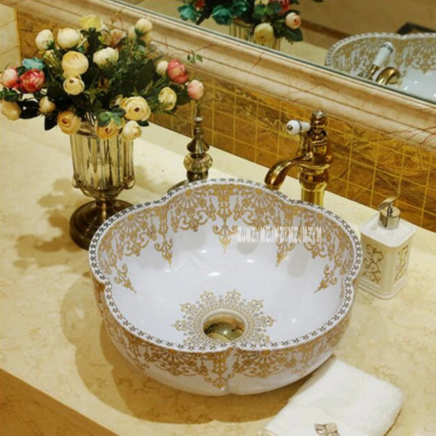 

European-style Countertop Sink High-quality Artistic Flower Shape Wash Basin Household Luxurious Washbasin Ceramic Bathroom Sink