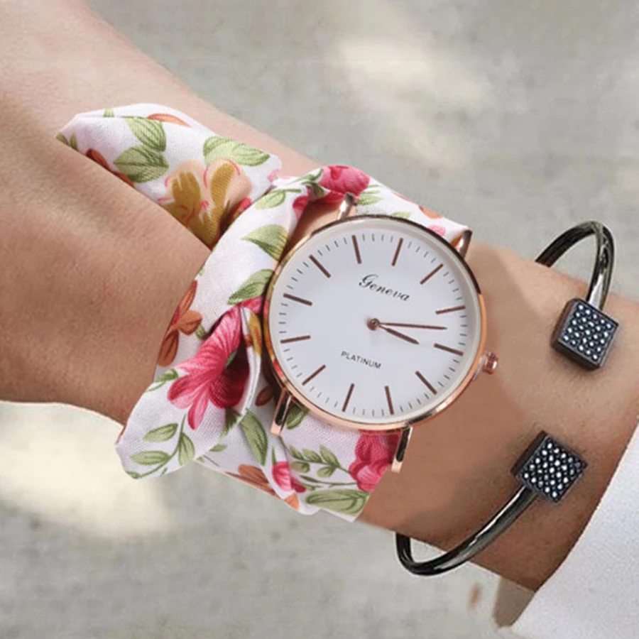 Artículo caliente Zegarek Damski-Reloj de pulsera con correa Floral para mujer, pulsera de tela de Jacquard de cuarzo RbNrwdNy