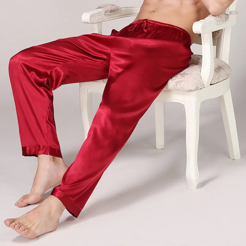Мужская Длинная атласная Шелковая пижама, Мужская модная однотонная Пижама, мягкая нижняя часть, летняя повседневная свободная сексуальная пижама со шнурком, Мужские штаны