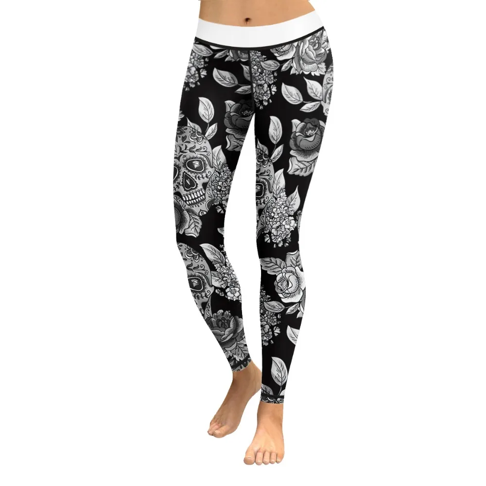 

Women Yoga Pants Fitness Halloween Sport Leggings Black White Floral Skull 3D Print Elastic Capris Running Trouser Slim Jeggings