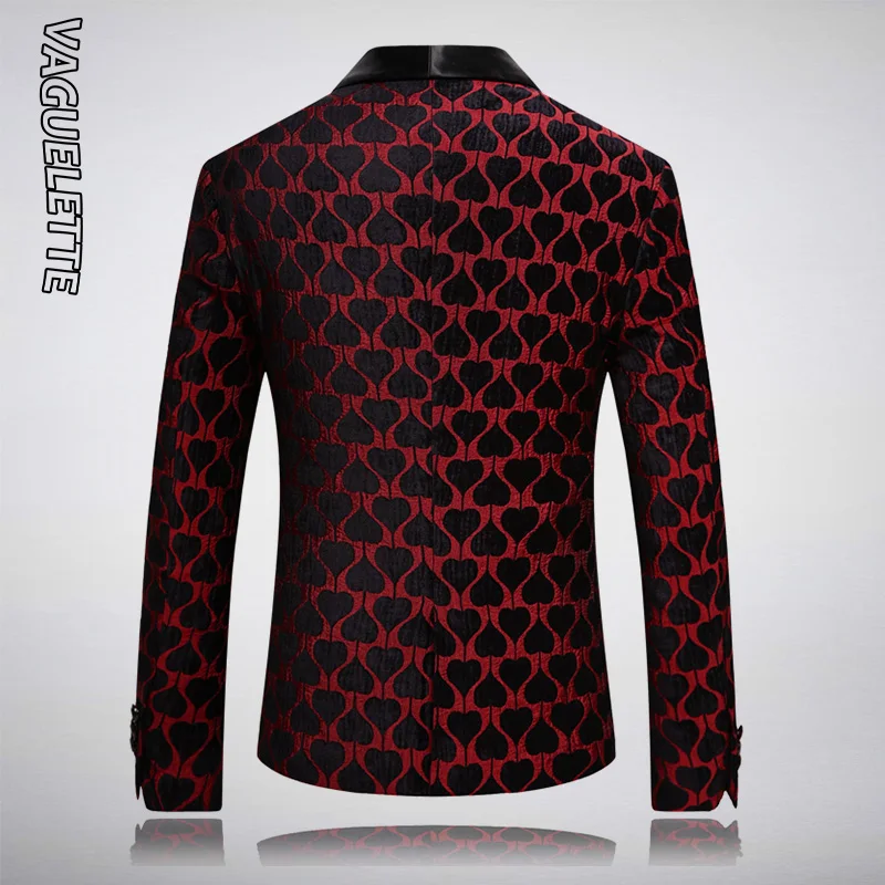 VAGUELETTE Spades Pattern Blazer Men Red&Black Men's Fashion Blazer Shawl Collar Tuxedos Slim Fit Blazer Estampada Hombre M-5XL