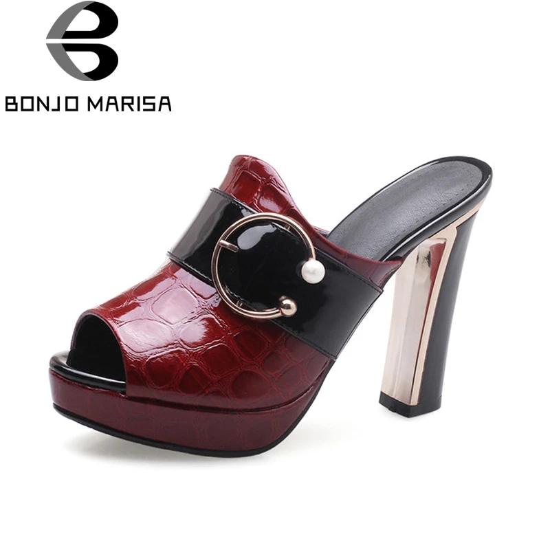 

BONJOMARISA Women's Square High Heels Peep Toe Platform Summer Shoes Woman Buckle Mules Slippers Size 32-42