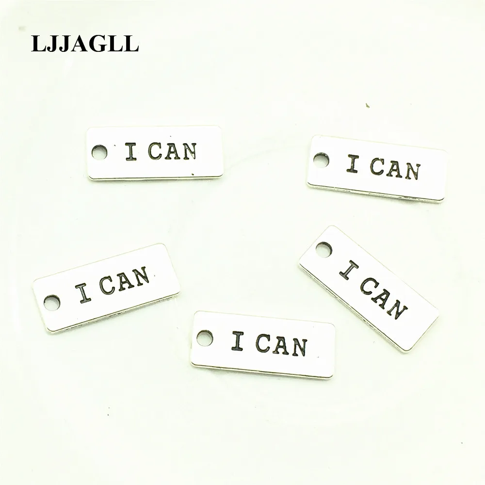 

LJJAGLL Metal 15.pcs Strength letter Charms impel Word "I CAN" tags pendants Fitness charm Fit Bracelet DIY Necklace Make AYD014