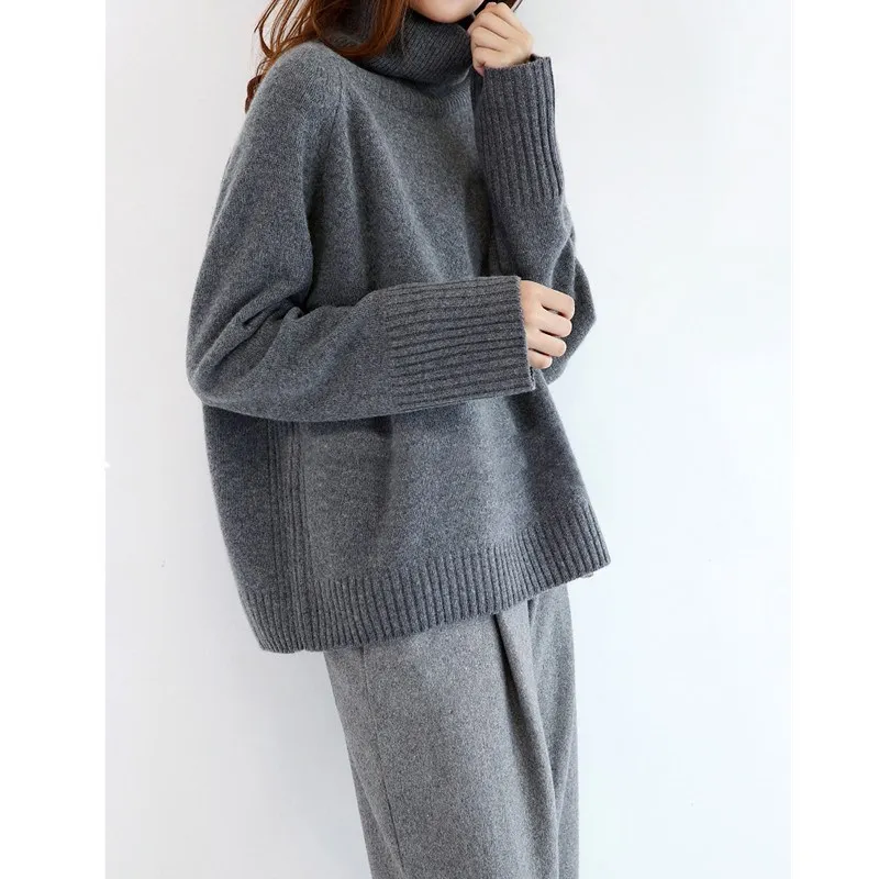 Зимние новые модные кашемировые шерстяные женские теплые однотонные свитера, повседневные свободные пуловеры с длинным рукавом и воротником под горло - Цвет: Серый