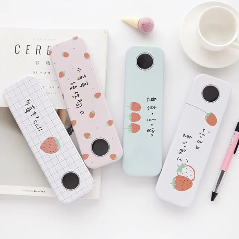 

1 Pcs Kawaii Strawberry Iron Tinplate Creative Stationery Box Tin Pencil Box Cartoon Pencil Case Bag School Student Gifts