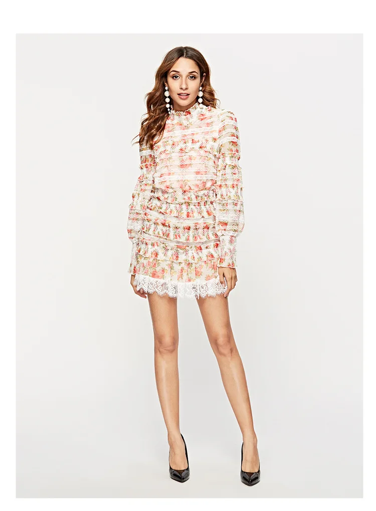 

2019 European and American spring and summer new printed floral cake long sleeve 2 sets of lanterns sleeves fashion elegant dres