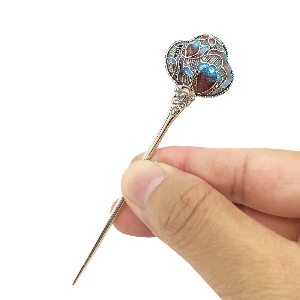 

Cloisonne Thai Silver Hair Stick Enamel Silver Chinese Style Hairpin Peony Flower Hair Fork Jewelry Accessories 90x22mm WIGO1283