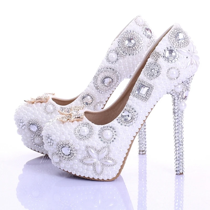 

Spring Newest Style Bowtie Rhinestone Wedding Shoes White Pearl Genuine Leather Handmade Ultra High Heel Bridal Dress Shoes