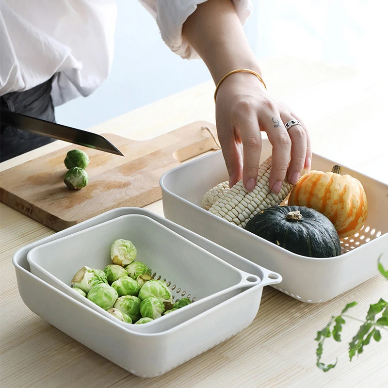

1set practical Drain Basket Bowl Plastic Noodles Vegetable Washing Basket Portable Kitchen Fruit Strainer Kitchen Storage Basket