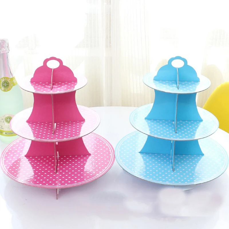 

Wedding Party 3 Tier Blue Pink Polka Dots Cake Stand Girls Boys Birthday Paperboard Cupcake Holder Baby Shower Supplies 1PCS