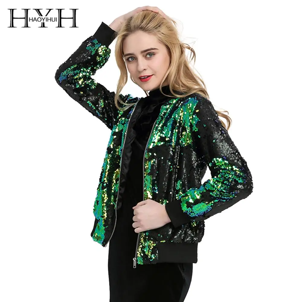 HYH HAOYIHUI Autumn Women Sequin Coat Green Bomber Jacket Long Sleeve Zipper Streetwear Jacket Preppy Loose Casual Basic Coat HYH HAOYIHUI Autumn Women Sequin Coat Green Bomber Jacket Long Sleeve Zipper Streetwear Jacket Preppy Loose Casual Basic Coat