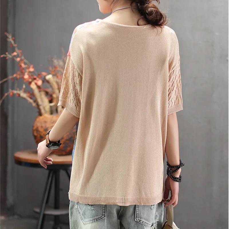 2019 الصيف خمر رقيقة محبوك القطن و الكتان قصيرة الأكمام تيز مع الرجعية الكرتون الطباعة س الرقبة تي شيرت ل امرأة Z0BZ30