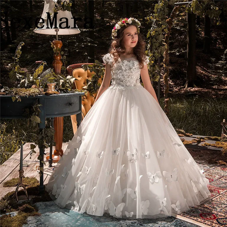 

White Ivory Customized Kids Pageant Gowns Lace Ball Gown Flower Girl Dresses For Weddings First Communion Dresses For Girls