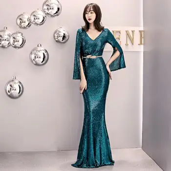 

V-neck Evening Dress Elegant Robe De Soiree Sequin trumpet sleeve Mermaid Evening Dresses Long 2019 Vestido De Festa