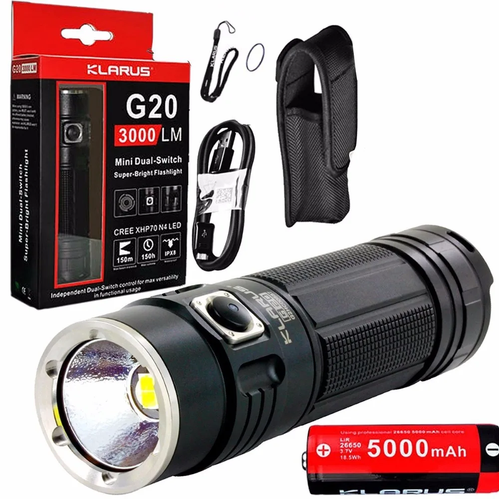 

KLARUS G20 Rechargeable Flashlight CREE XHP70 N4 LED 3000LM dual-switch outdoor torch waterproof + 26650 5000mAh li-ion battery