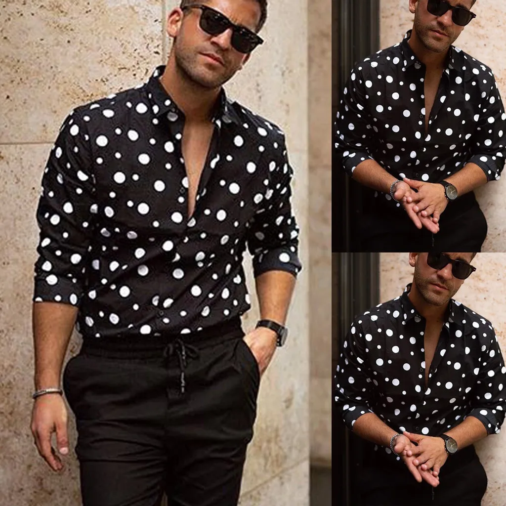

New Arrivals Men's Fashion Loose Casual Long-sleeved Polka Dot Printed Shirt Top Blouse dropshipping