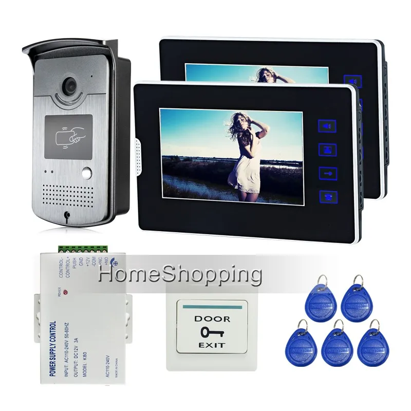 Проводной 7 "сенсорный Экран Видео-Телефон Двери Интерком RFID Система + 2 монитор + 1 Открытый Камера + Питание Управления БЕСПЛАТНО ДОСТАВКА