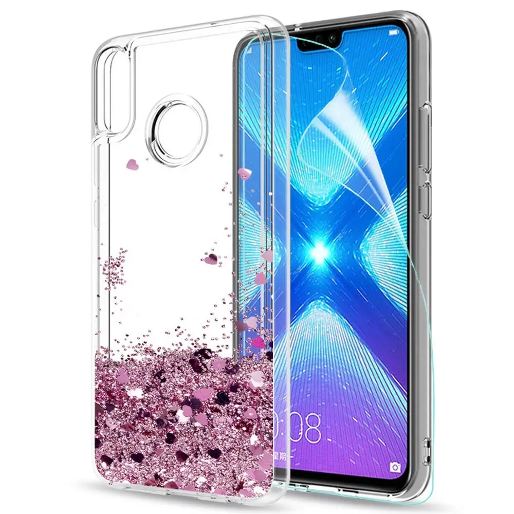 

Honor 8X Glitter Case On For Huawei Honor 8X Honor8X Coque Dynamic Quicksand Liquid Soft TPU Slicone Crystal Cover With HD Film