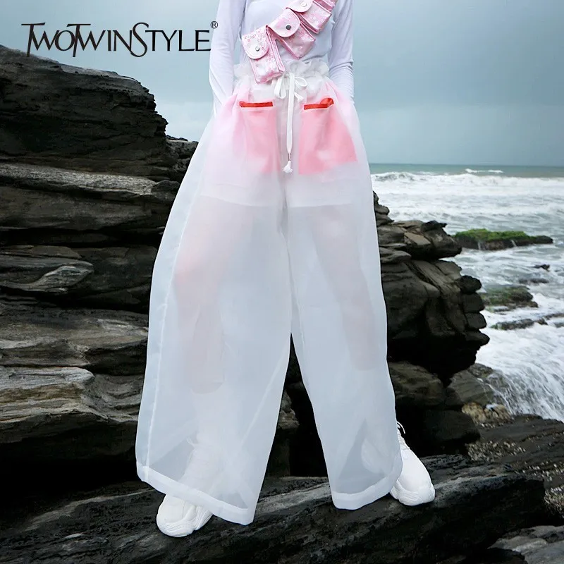 

TWOTWINSTYLE Mesh Patchwork Wide Leg Pants Oversize Draw String Ruffles Pocket High Waist Maxi Pants Harajuku Autumn Clothes New