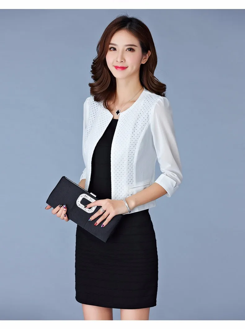 Women Black White Gauze Jacket Summer 2016 Chiffon Cardigan Sexy 34 Sleeve Plus Size Slim Jackets Office Lady Coat Tops A385  b